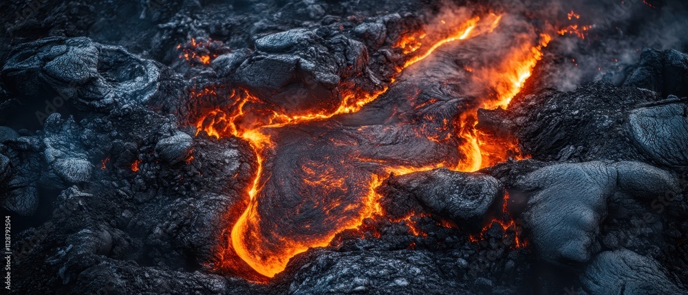 Lava flows through rocky terrain, showcasing the power of volcanic activity in a mesmerizing display of heat and energy Lava flows through rocky terrain, showcasing the power of volcanic activity in a mesmerizing display of heat and energy