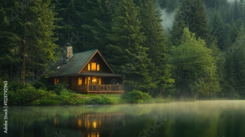 Peaceful lakeside cabin surrounded by tall pine trees, soft morning mist rising, serene and tranquil, perfect retreat