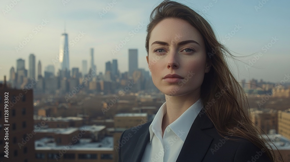 Woman in Suit with City Skyline Behind Her Woman in Suit with City Skyline Behind Her