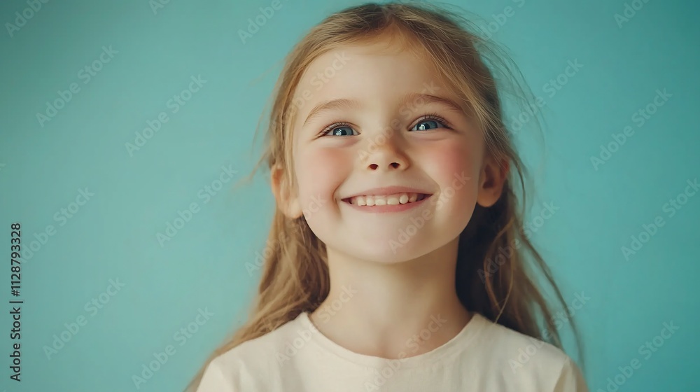 Happy little girl smiling against a teal background. Happy little girl smiling against a teal background.