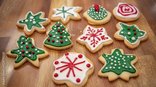 Hand-decorated Christmas cookies on a wooden table, concept of holiday baking, festive treats, and sweet traditions.