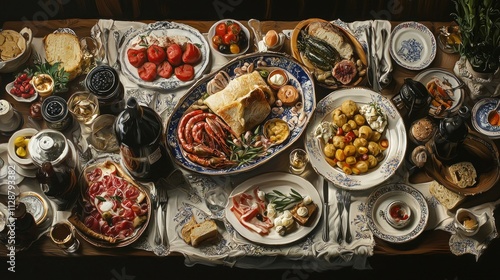 A Lavish Table Setting Featuring An Abundance Of Food