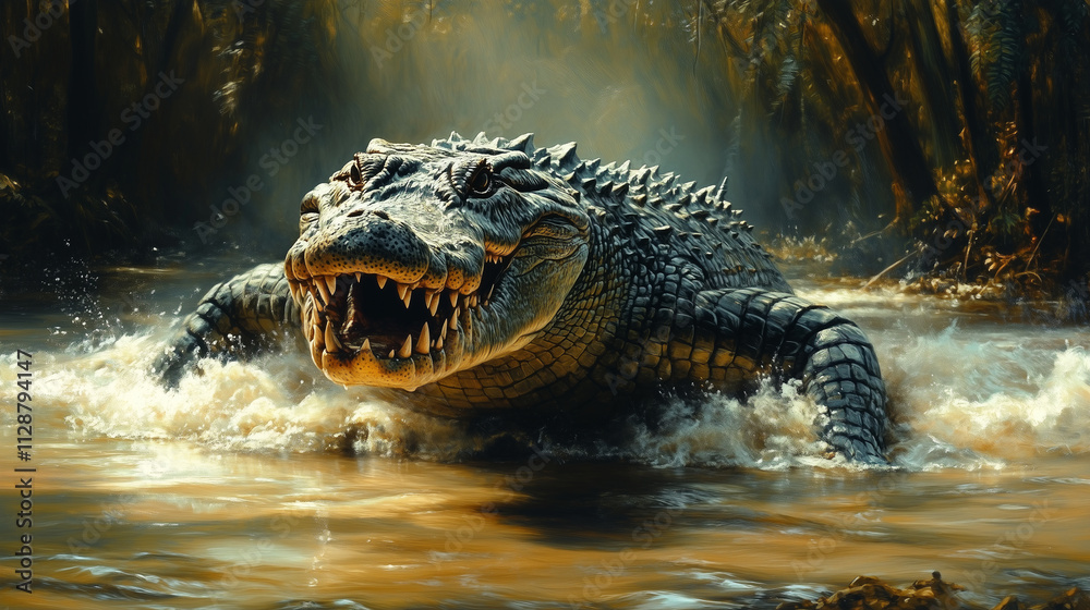 Obraz premium A large alligator is in a murky river its mouth open