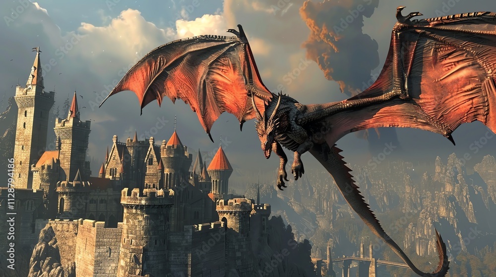 Fototapeta premium A red dragon flies over a medieval castle in a fantasy landscape.