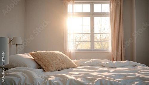 Bedroom background with soft pastel tones, plush pillows, and a cozy atmosphere, natural light streaming through large windows in the morning