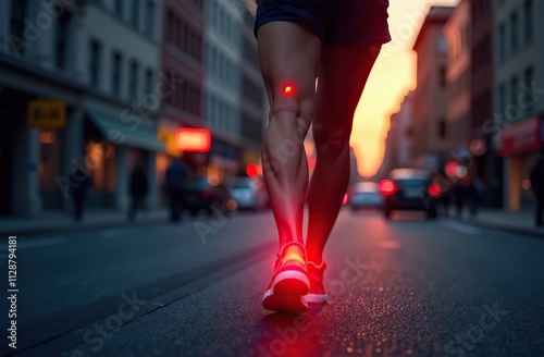 Ankle pain, fitness and woman with red glow in city for muscle sprain with running exercise. Sport, injury and female athlete with nerve compression in leg for cardio workout or race training in town photo