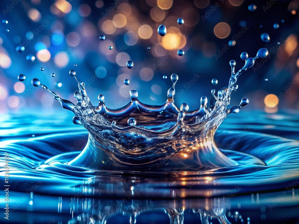 Captivating Water Splash in Water with High Depth of Field, Showcasing Dynamic Motion and Crystal Clear Details of Droplets in Vivid Blue Tones, Ideal for Nature and Aquatic Themes