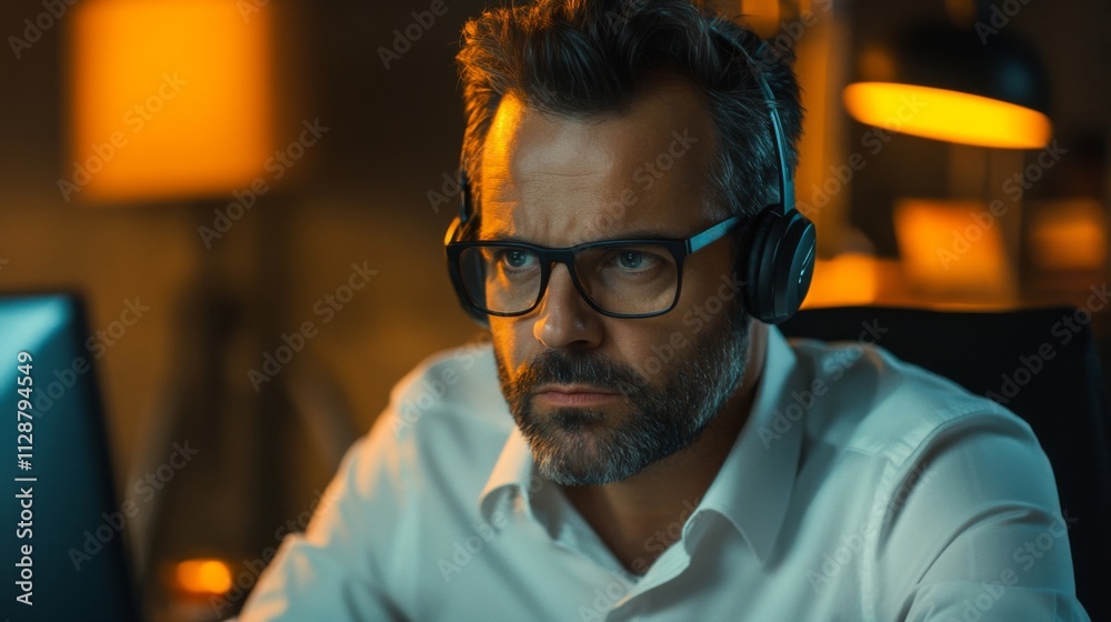 Fototapeta premium Man with Headphones and Glasses Working on Computer at Night