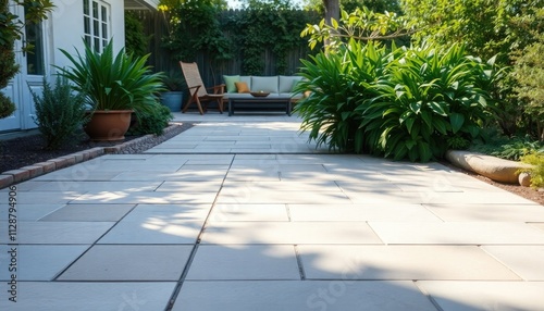 Backyard floor made of smooth stone tiles leading to a cozy seating area, surrounded by lush greenery, soft morning light casting shadows across the space