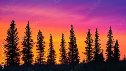 Sunset landscape with silhouette of pine trees, isolated in vivid colors photo