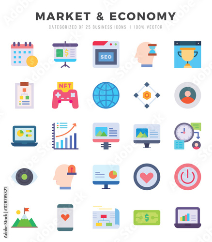 Collection of Market & Economy 25 Flat Icons Pack.