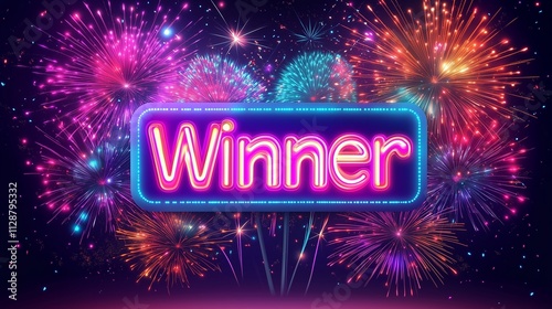 Neon winner sign with vibrant fireworks display in a festive night celebration