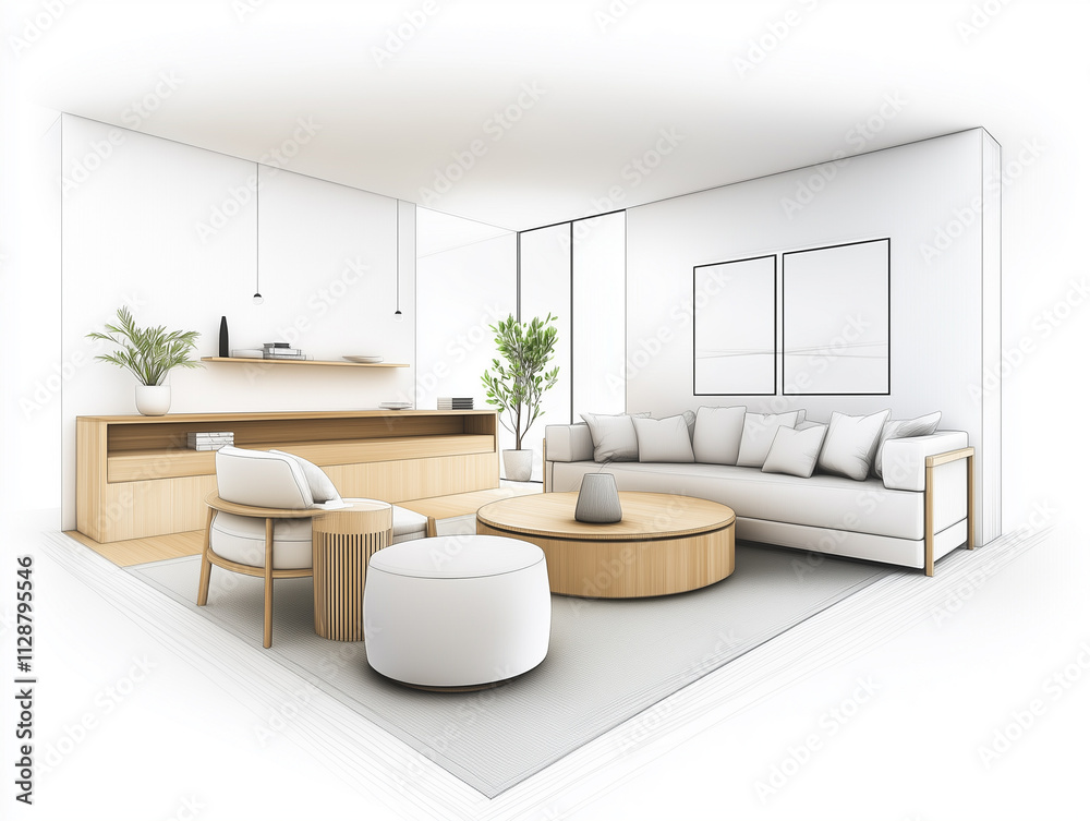 Hand-Drawn Sketch of Modern Living Room Interior Featuring Sleek Lines, Contemporary Furniture, and Minimalist Decor Hand-Drawn Sketch of Modern Living Room Interior Featuring Sleek Lines, Contemporary Furniture, and Minimalist Decor