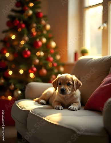 Cute little pappy front of the Christmas tree. photo