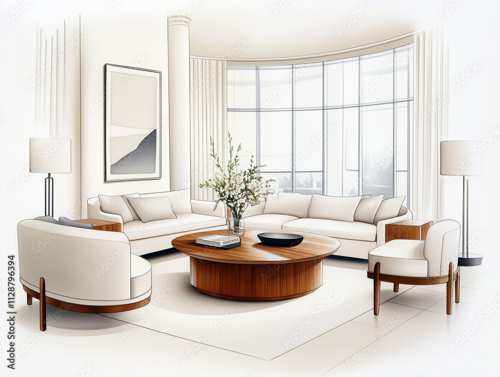 Fototapeta premium Hand-Drawn Sketch of Luxurious Living Room with Elegant Furniture, Opulent Decor, and Statement Lighting Fixtures