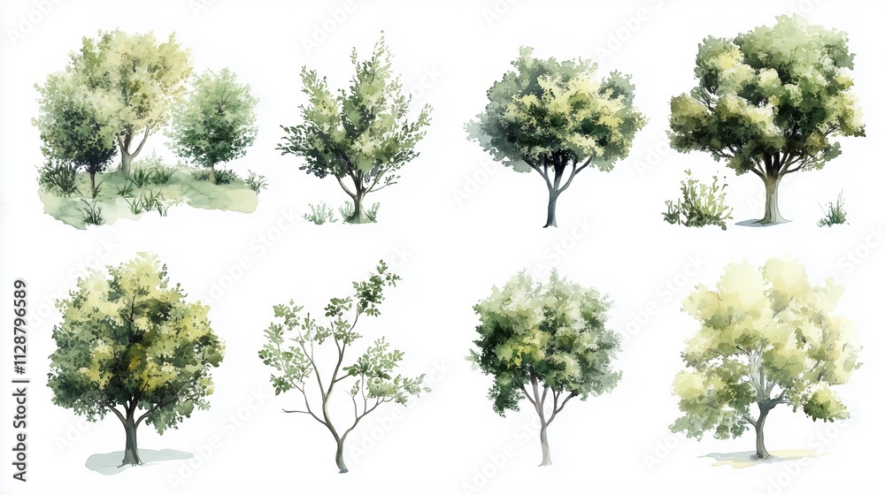 Set of watercolor tree illustrations in diverse green shades on a clean white background