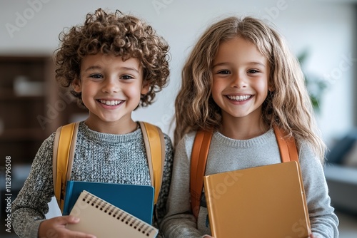 Happy kids with backpacks and notebooks ready for school.