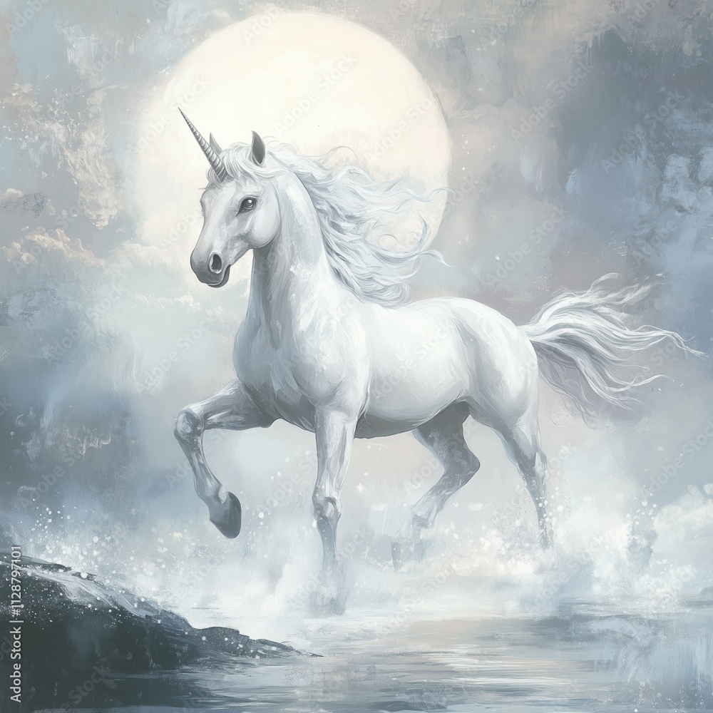 Mythical white unicorn under a glowing full moon galloping through serene waters