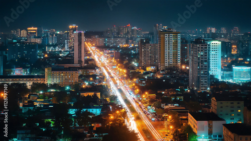 A vibrant cityscape at night showcasing a busy street lit with headlights, surrounded by tall buildings glowing with lights under a clear, dark sky. photo