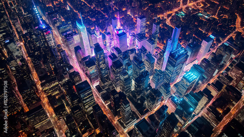 An aerial view of a futuristic city glowing with neon lights at night, showcasing intricate urban designs and modern architectural brilliance. photo