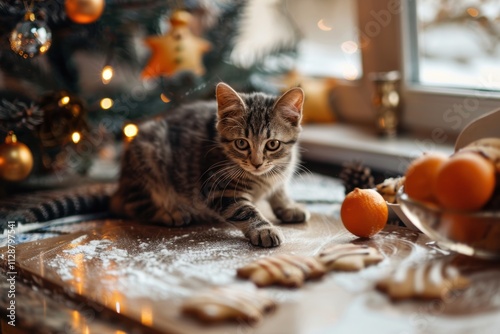 Baking Christmas cookies with a curious cat in a cozy, festive kitchen scene photo