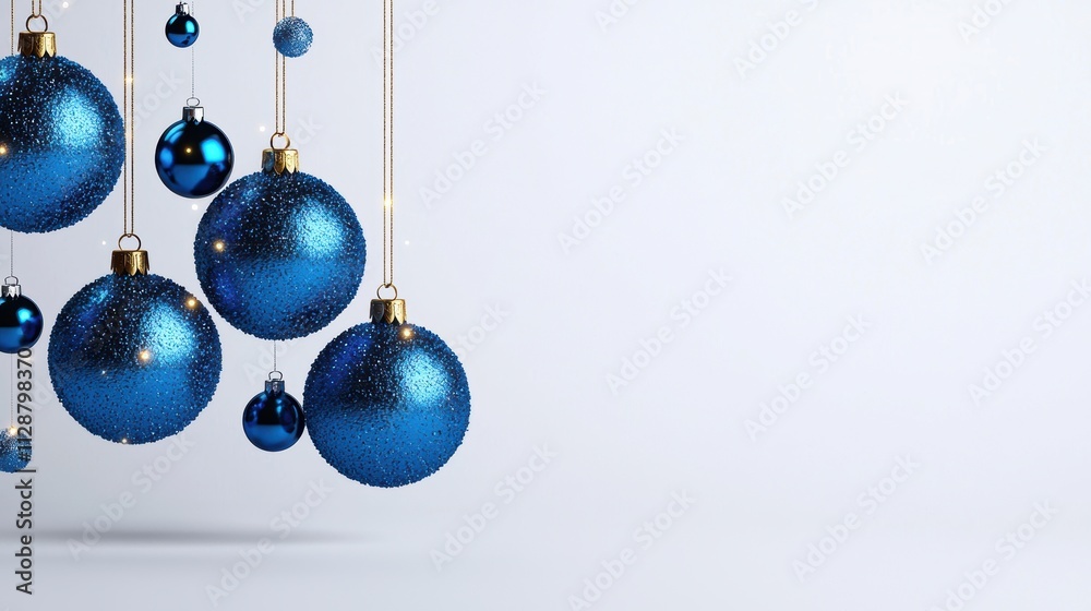 New Year Blue Christmas ornaments hanging in a festive display. New Year Blue Christmas ornaments hanging in a festive display.