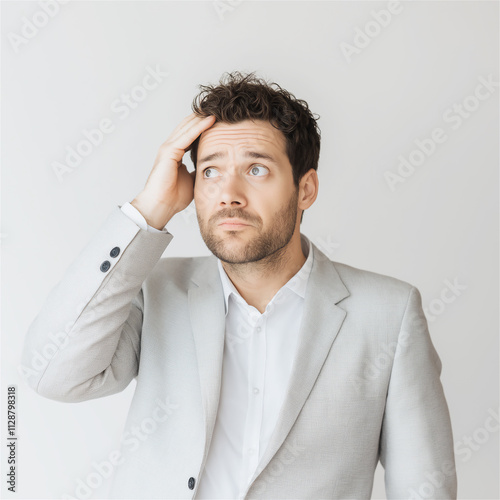 Confused young man in a white blazer scratching his head, portraying uncertainty and puzzlement against a simple light background.