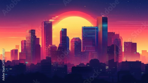 Futuristic digital artwork of a neon-lit city skyline at dusk, blending sci-fi and cyber aesthetics.