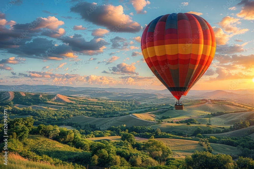 Fototapeta premium Colorful hot air balloon flying over rolling green hills at sunset. AI generative. .