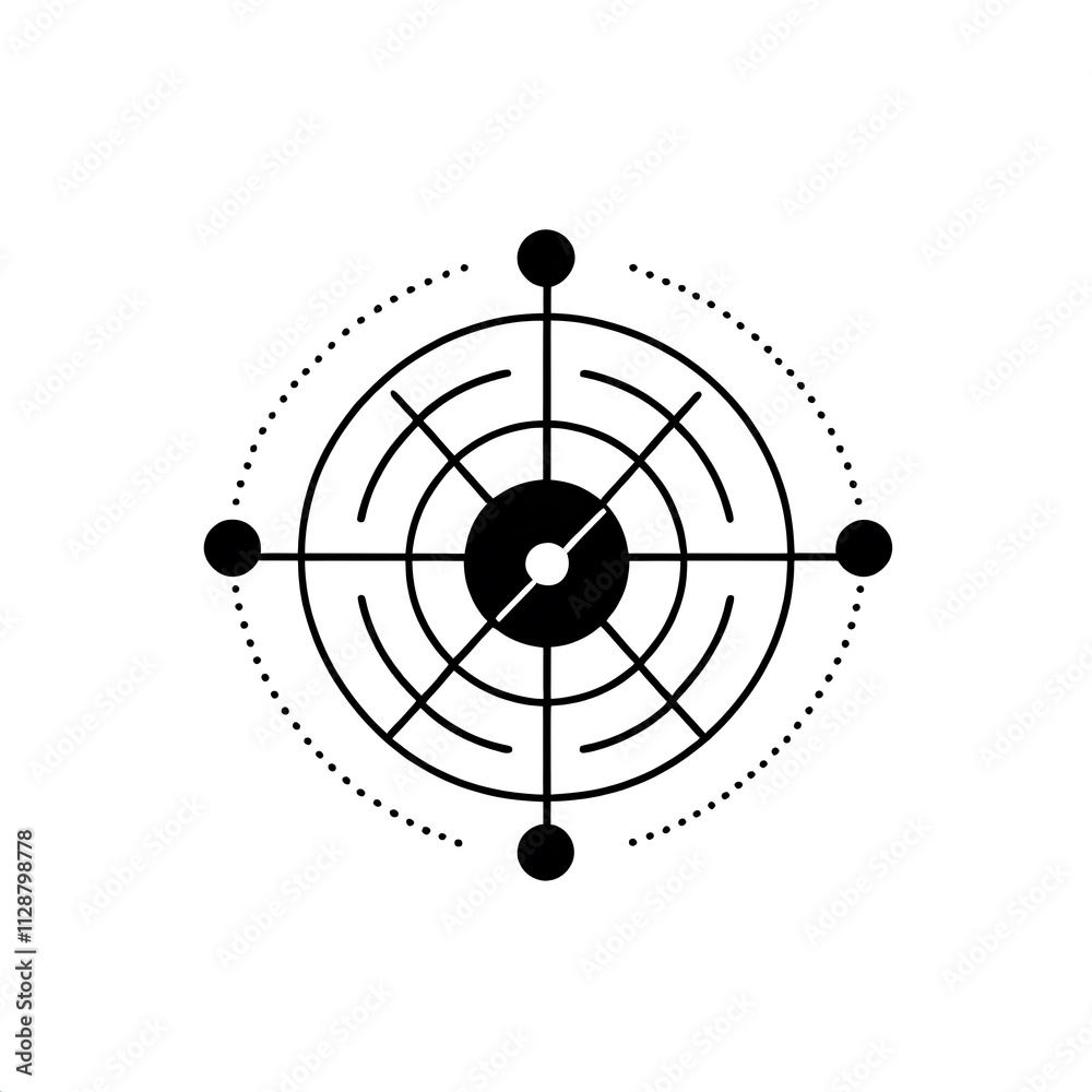 Target Icon: Black and white vector illustration of a target with four points and concentric circles, symbolizing focus, accuracy, and achievement. Target Icon: Black and white vector illustration of a target with four points and concentric circles, symbolizing focus, accuracy, and achievement.