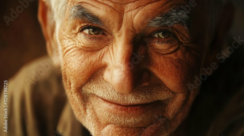 Portrait of elderly man with deep wrinkles, kind smile, eyes filled with wisdom, soft natural light, feeling of life experience and compassion