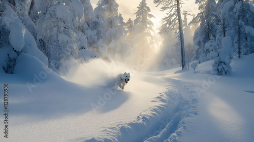 A dog bounding through deep powder snow in a snowy forest leaving a trail behind. photo