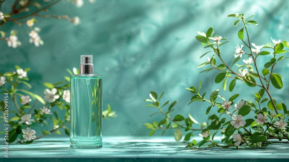 A clear glass bottle of perfume with silver cap sits on a teal surface with green leaves and white flowers on either side. AI generative. . A clear glass bottle of perfume with silver cap sits on a teal surface with green leaves and white flowers on either side. AI generative. .