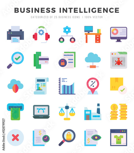 Business Intelligence icons set. Collection of simple Flat web icons.