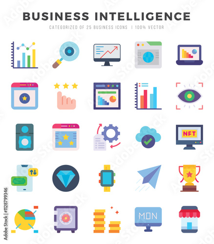 Business Intelligence elements. Flat web icon set. Simple vector illustration.