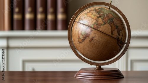 Old-school classic and elegance, A vintage globe sits on a wooden base, surrounded by shelves of books, highlighting themes of exploration, geography, and learning. photo