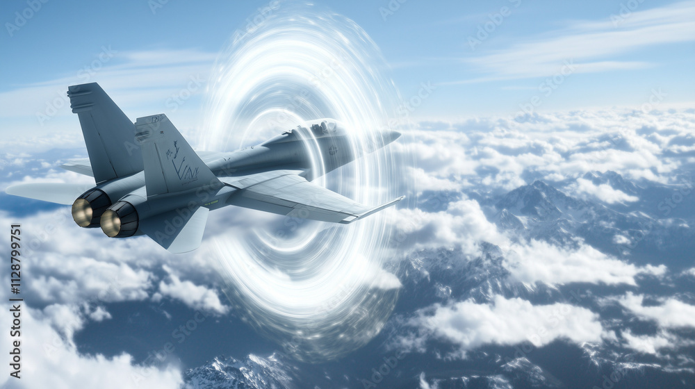 Aircraft rapidly breaking the sound barrier, creating a visible shockwave in the sky, symbolizing the pursuit of speed and technological advancement.