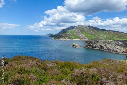 Rugged coastline with clear blue waters and mountains.