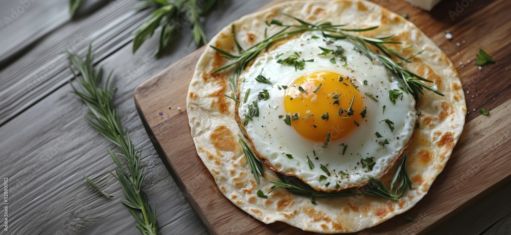 Fried egg on flatbread with herbs, fresh herbs surrounding egg, wooden board background, copy space for text Fried egg on flatbread with herbs, fresh herbs surrounding egg, wooden board background, copy space for text