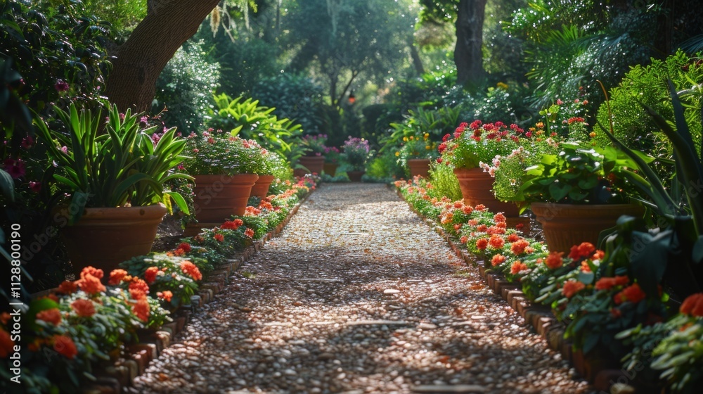 Stone path through a lush garden with terracotta pots and blooming flowers. AI generative. . Stone path through a lush garden with terracotta pots and blooming flowers. AI generative. .