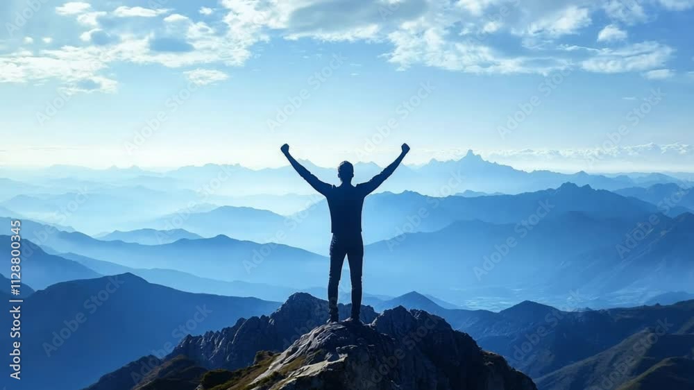 A man standing victoriously on a mountain peak under a clear blue sky, symbolizing triumph, success, and personal growth through exploration. A man standing victoriously on a mountain peak under a clear blue sky, symbolizing triumph, success, and personal growth through exploration.