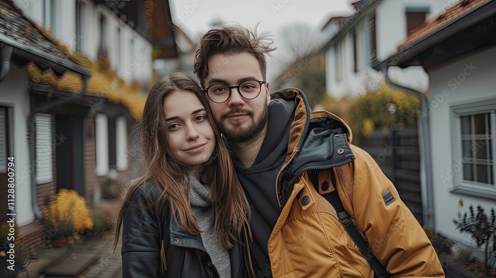 Couple in front of one-family house in modern residential area. Couple in front of one-family house in modern residential area.