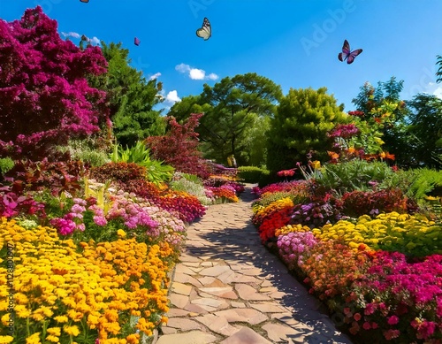 Un jardín vibrante lleno de flores de colores brillantes, con mariposas revoloteando y un sendero de piedra que invita a pasear.