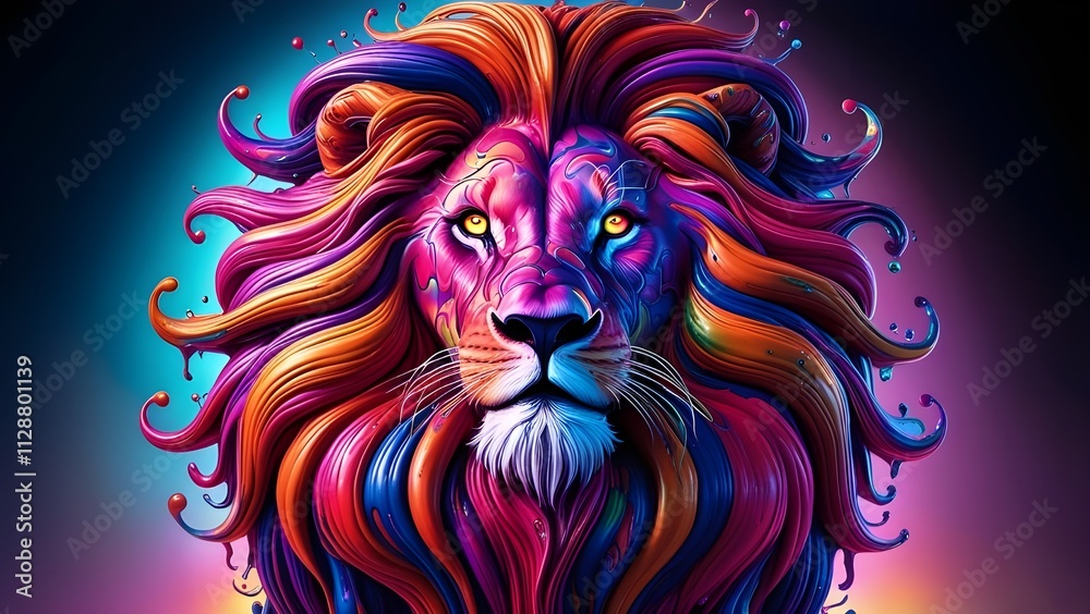Colorful depiction of a lion's face with a striking, wavy, multi-hued mane, representing power, creativity, and modern artistic expression, rendered in a vibrant and dramatic digital art style. Colorful depiction of a lion's face with a striking, wavy, multi-hued mane, representing power, creativity, and modern artistic expression, rendered in a vibrant and dramatic digital art style.