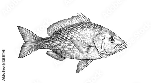 Fish sketch dorado gilt-head bream. Vintage retro print, black white gilt-head bream fish sketch ink pencil style drawing, linear drawing, engrave old school. Sketch artwork dorado fish. Illustration