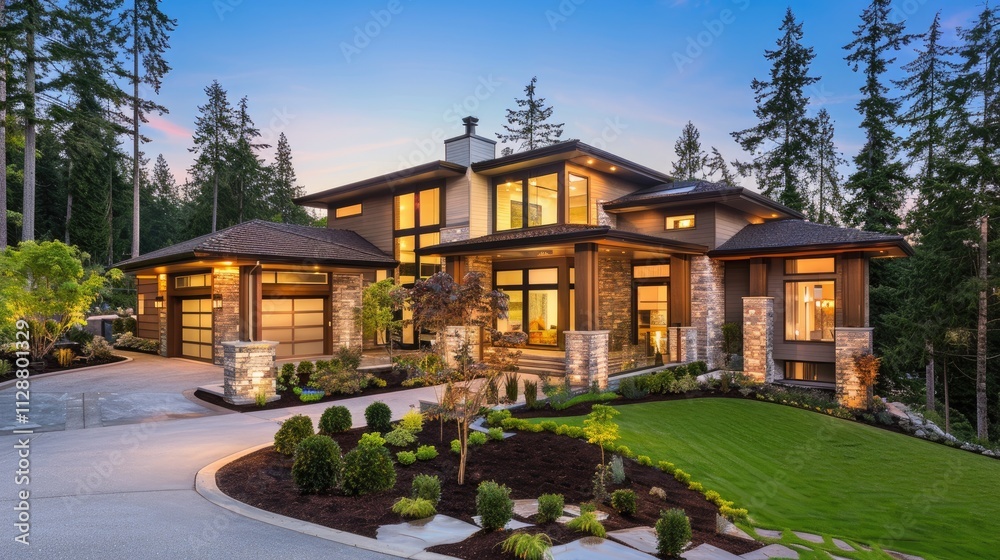 Beautiful, newly built luxury home exterior. Beautiful, newly built luxury home exterior.