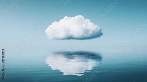 A fluffy white cloud reflected perfectly in the still water of a tranquil lake. photo