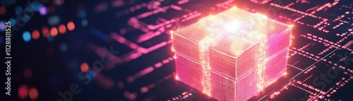A glowing digital gift box on a futuristic circuit board background.