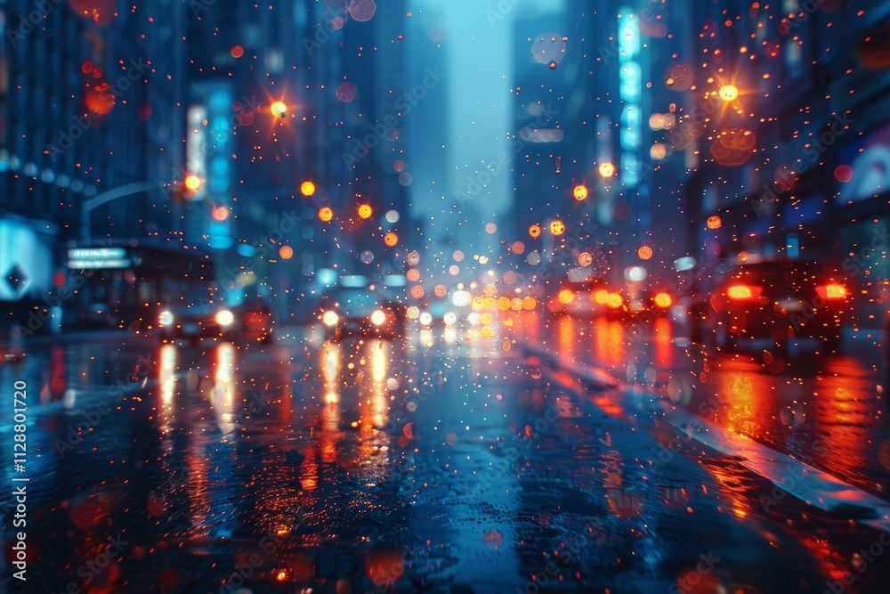 Blurred city lights reflected on wet asphalt with bokeh. AI generative. . Blurred city lights reflected on wet asphalt with bokeh. AI generative. .