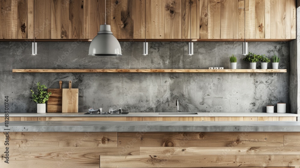 Modern wood and concrete kitchen interior with empty mock up place on wall. Modern wood and concrete kitchen interior with empty mock up place on wall.